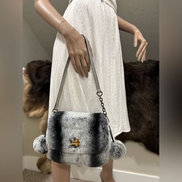 Gray Handmade Real Rex Rabbit Fur Handbag & 2 Fur Balls Charm & 2 Strap Styles - Picture 5 of 15